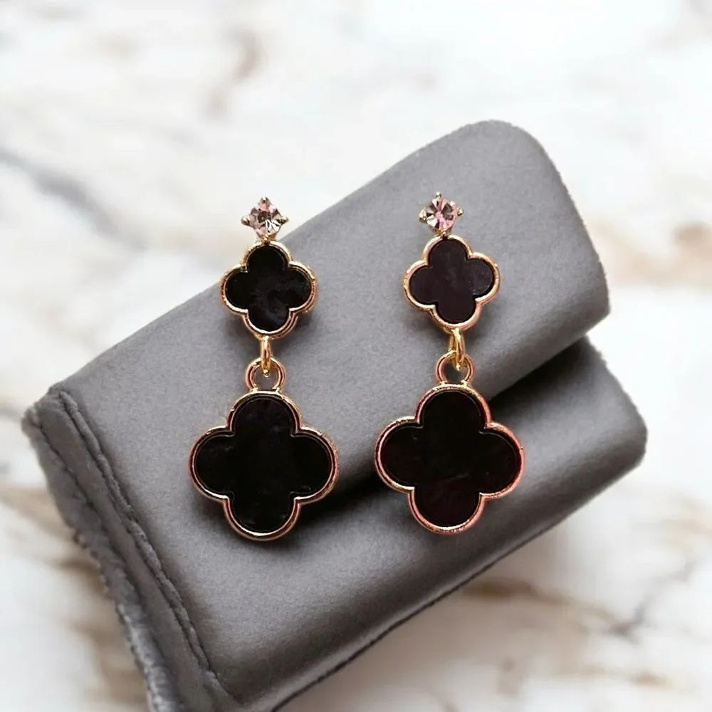 Designer Inspired Double Black Clover Gold Tone Dangle Earrings